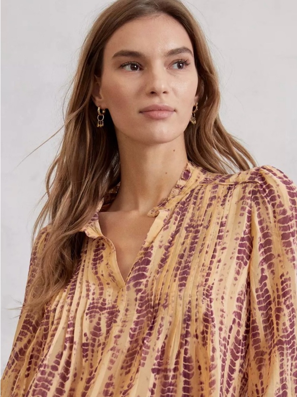Anthropologie Maritzia Tie-Dye Pleated Blouse - Yellow/Burgundy - Small